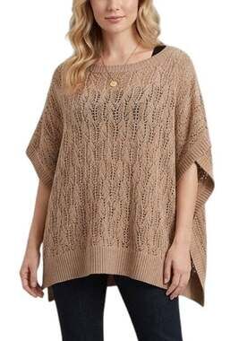 CHICO'S Pointelle Knit Tan Poncho Sweater Shawl Minimalist Boho SZ M